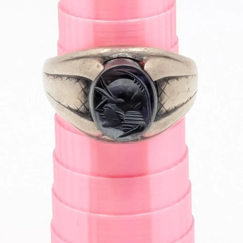 Sterling Silver Men's Ring 9 Silver Carved Hematite Intaglio Soldier Signet READ
